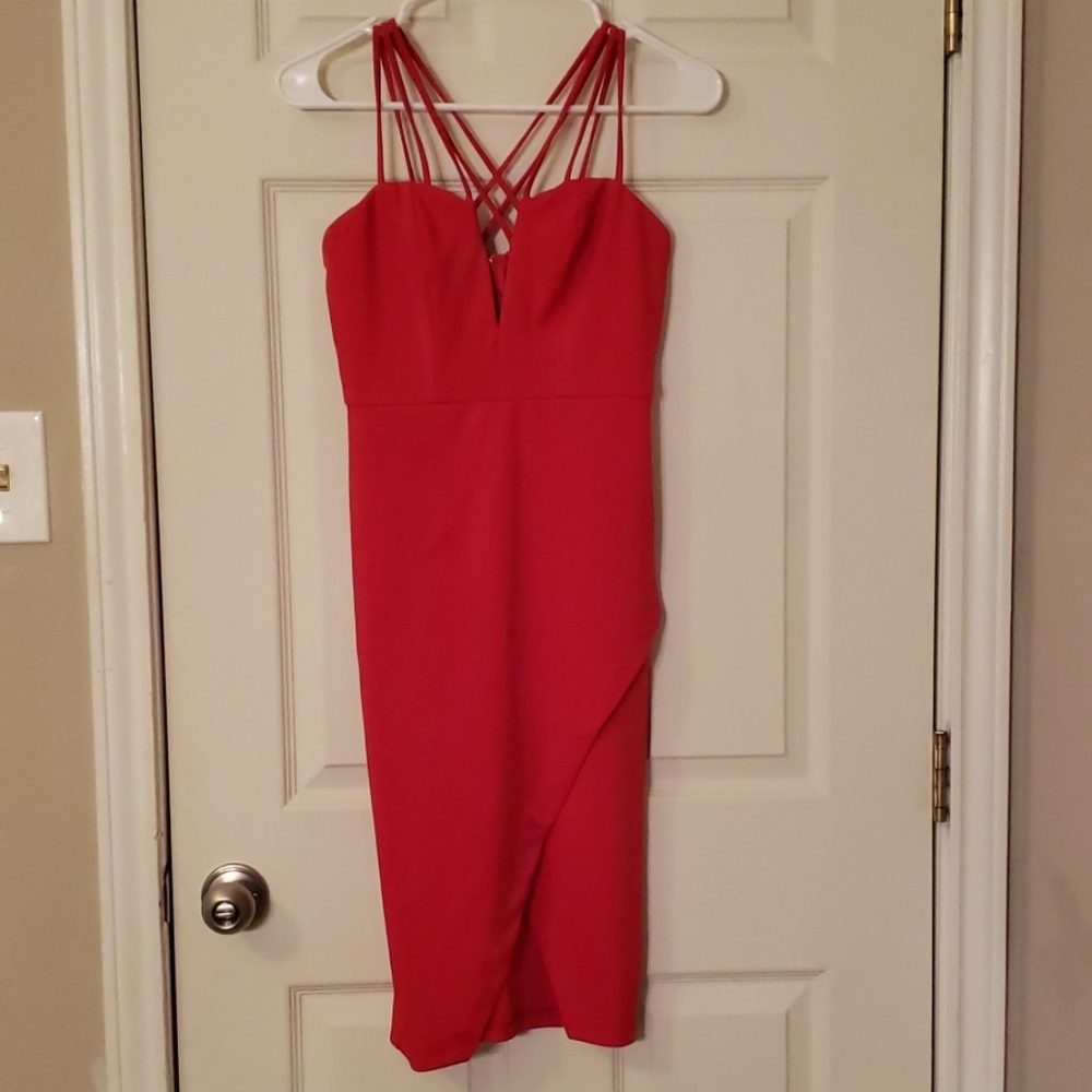 Deep plunge strappy red party dress